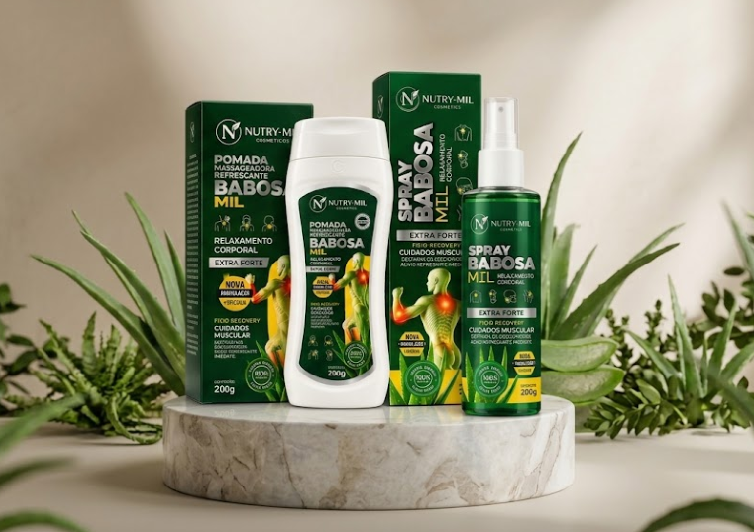 Linha Babosa Mil: pomada massageadora e spray em suas embalagens